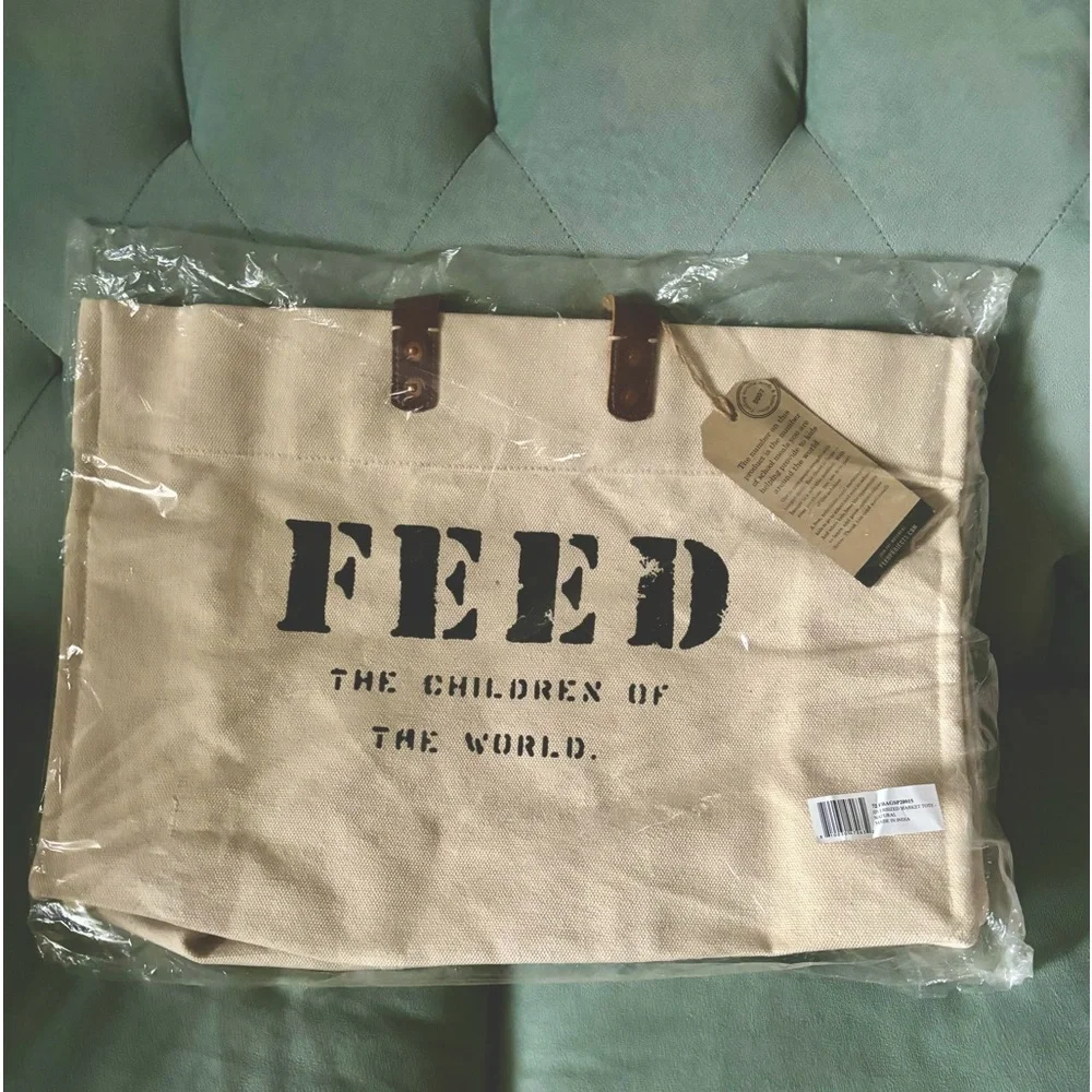 NWT NIP FEED XL Market Tote Canvas w/ leather handles Natural color - Picture 2 of 8